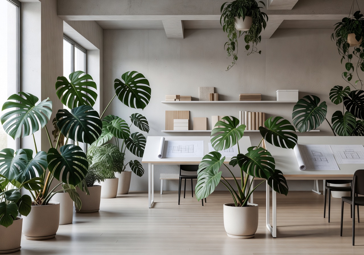 Architectural studio softened with large indoor monstera plants