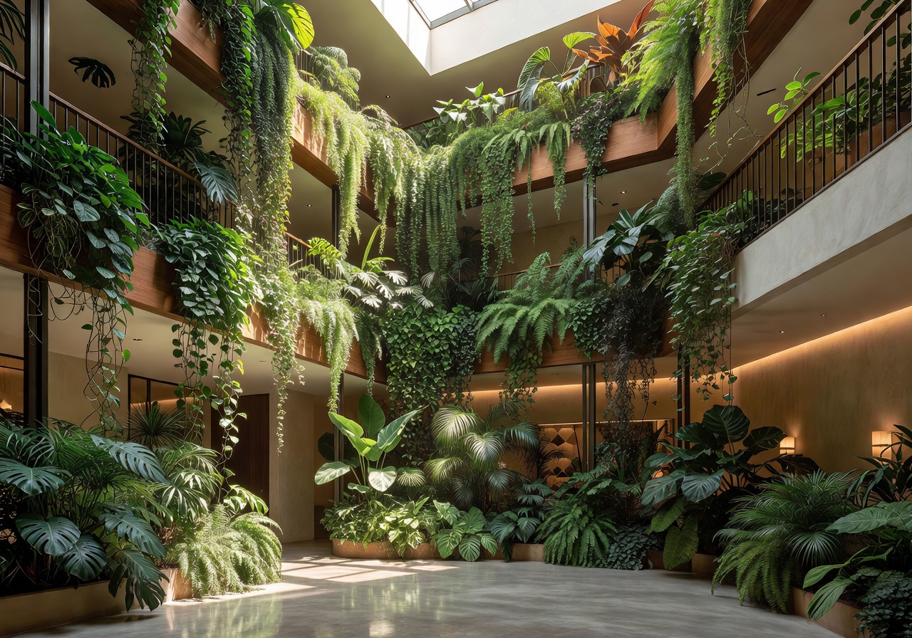 Atrium of a boutique hotel filled with cascading green plants