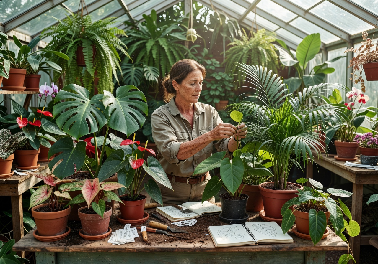 Botanist arranging tropical plants in a bright greenhouse studio