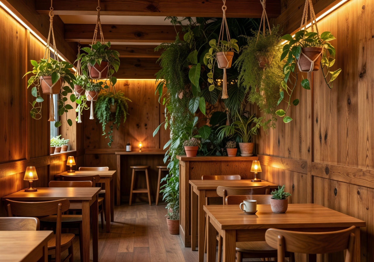 Café interior featuring hanging plants and warm wood textures