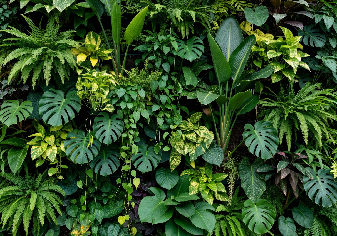Custom living wall installation with mixed tropical foliage