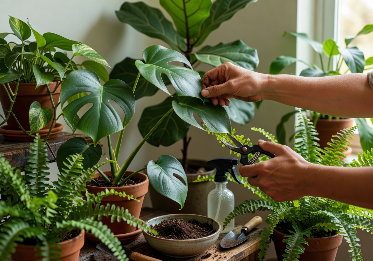 Hands tending to lush green houseplants during maintenance