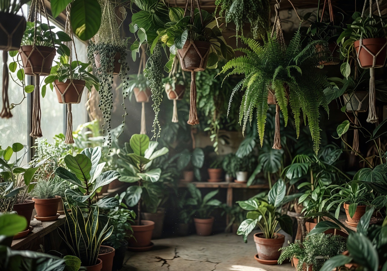 Lush indoor plant studio with hanging foliage and natural light