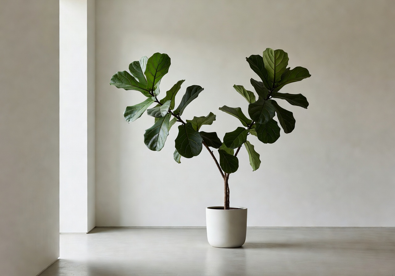 Minimalist residential interior with sculptural fiddle leaf fig