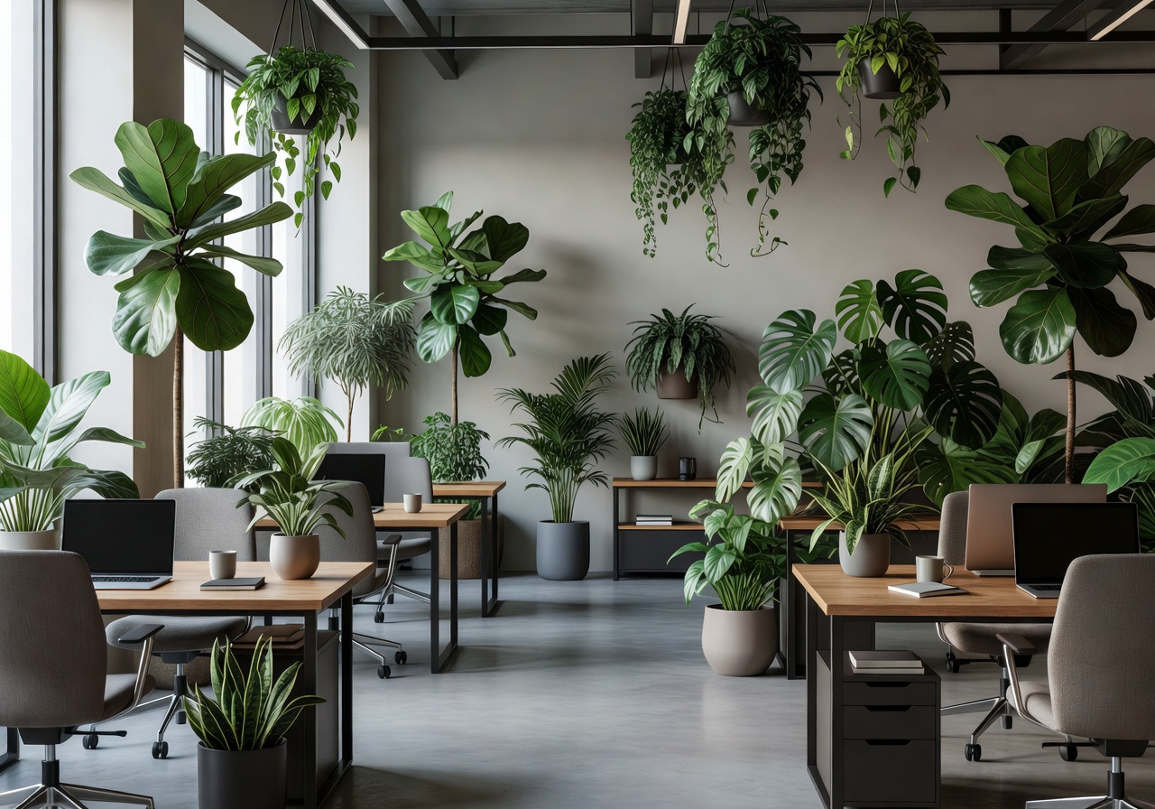 Modern office workspace softened with abundant green plants