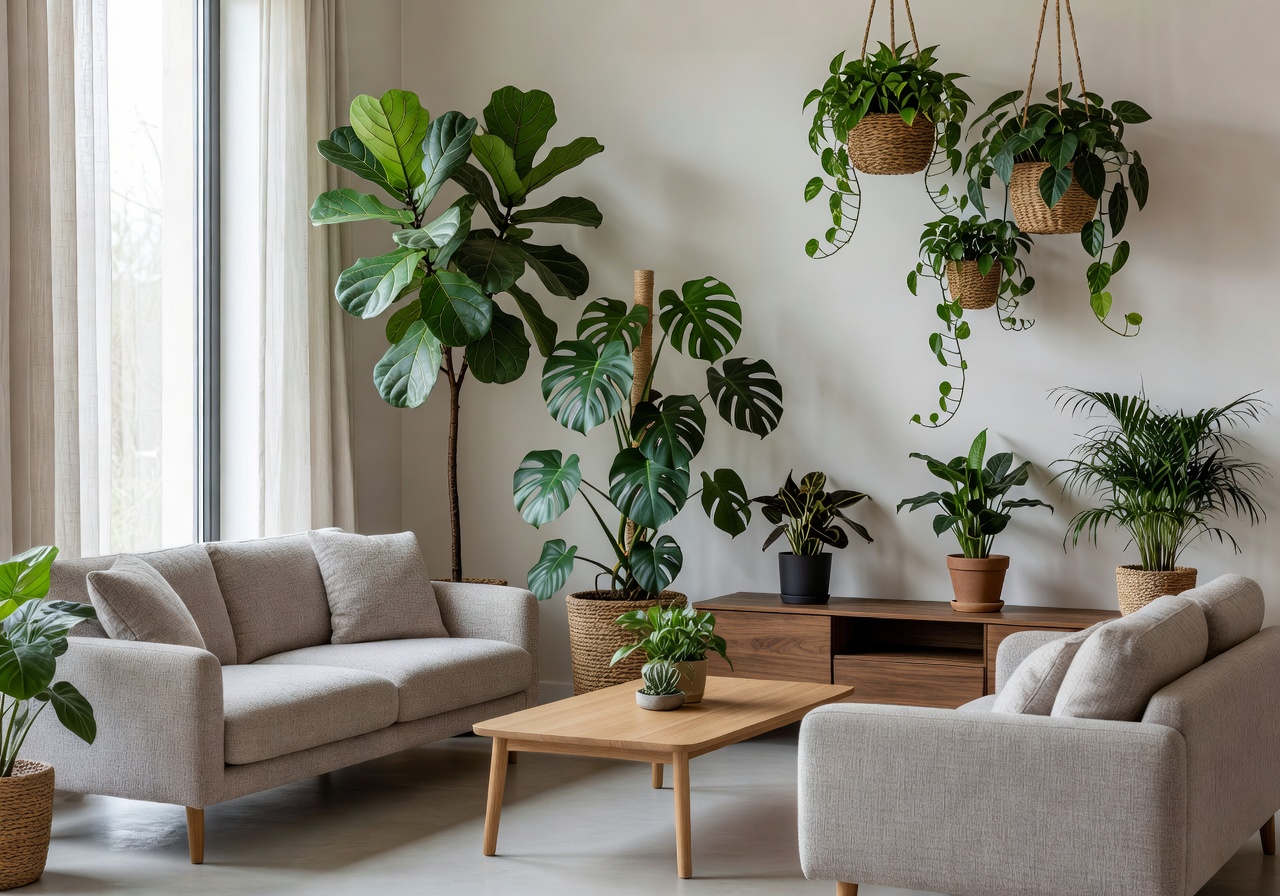 Plant styling in a softly lit modern living room