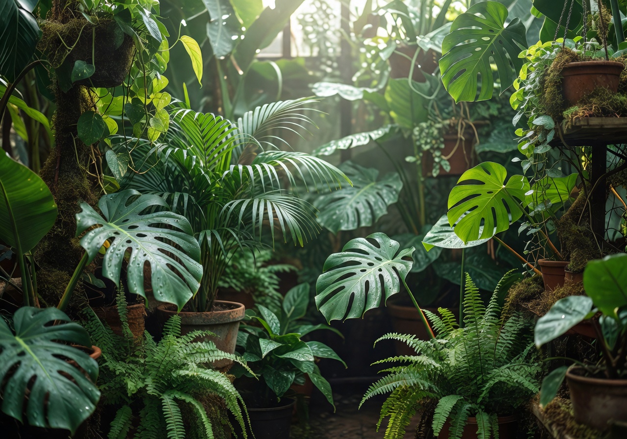 Soft natural light filtering through tropical houseplants